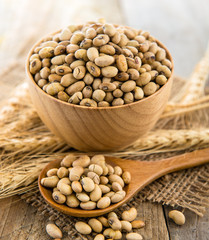 Soy beans in wood bowl and wood spoon