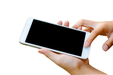 woman hand hold and touch screen smartphone,tablet,cellphone isolated on white , abstract background for mobile banking,online banking concept.