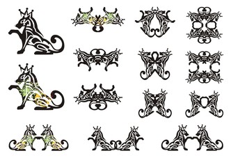 Big dog symbols collection. The sitting dog with the raised paw and a crown and symbols from her