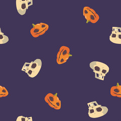 Fototapeta premium Halloween seamless pattern. Vector background with hand drawn halloween pumpkins and skulls