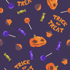 Trick or treat. Halloween seamless pattern. Vector background with hand drawn halloween symbols and sweets