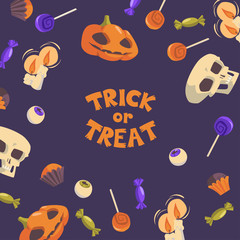 Trick or Treat. Vector background with hand drawn halloween symbols and sweets