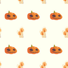 Halloween seamless pattern. Vector background with hand drawn halloween pumpkins and candles