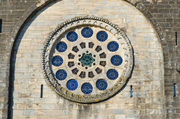 Rose window in portomarin Saint Nicholas church