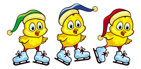 Three cute chickens in caps ice skating. Vector clip art.