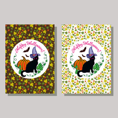 Halloween greeting card. Black cat in witch hat, pumpkin and hand drawn text "Happy Halloween!". Vector clip art.