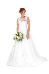 Fototapeta na wymiar Beautiful bride with wedding bouquet isolated on white