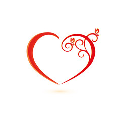 Eco icon red heart and branch symbol. Vector illustration isolated on the light background. Fashion graphic design. Beauty concept. Autumn colors. Smooth shape. Plain flat style colors.