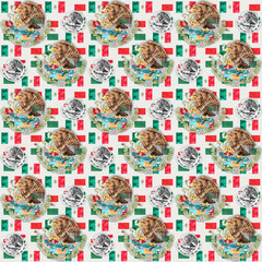 Mexican flag and coat of arms seamless pattern.Flag and coat of arms of Mexico background usable for decoration, textile or paper prints, scrapbooks,planner supplies.