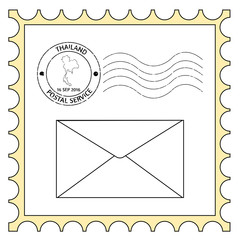 Digital illustrations of a vintage-looking postage ink stamp from Thailand and an envelope icon all in a postage stamp frame in vector eps 10 format