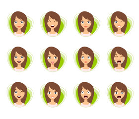 Set of Woman Avatar Expressions with Two Ponytails