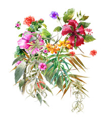 watercolor painting of leaves and flower, on white background