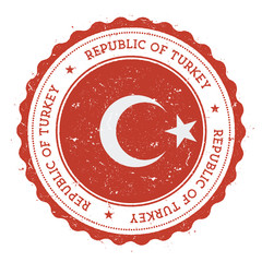 Grunge rubber stamp with Turkey flag. Vintage travel stamp with circular text, stars and national flag inside it. Vector illustration.