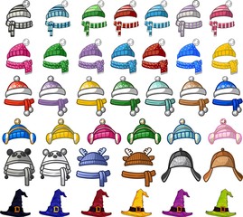 Big set of christmas and halloween hats. Different colors and styles. Winter hats.