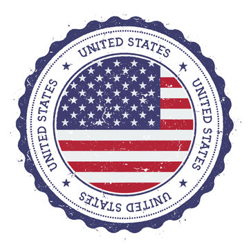 Grunge rubber stamp with United States flag. Vintage travel stamp with circular text, stars and national flag inside it. Vector illustration.