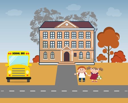 Children go to school. There is a school, school bus, pupils, road and autumn trees in the picture. Flat style vector illustration