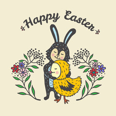 Easter card with rabbit and chick