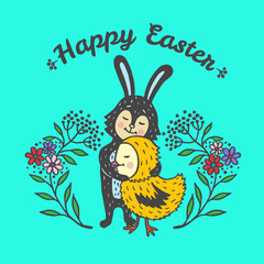 Easter card with rabbit and chick