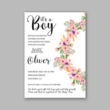 Baby shower invitation template with watercolor tropical flower wreath
