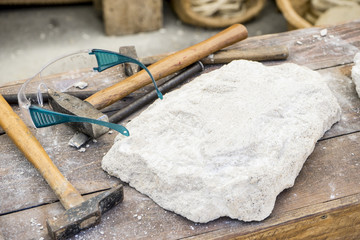 Workplace, Traditional tools sculptor, wood, hammers and chisels