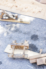 Traditional tools sculptor, wood, hammers and chisels for workin