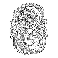 Hand Drawn Ornament with floral pattern. for coloring book for adult. Template for Greeting Card. Vector Monochrome background