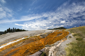 Hot volcanic stream pouring into Firehole River at Grand Prismat