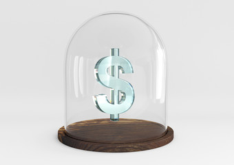 3D dollar sign crystal protected under a glass dome isolated on white background
