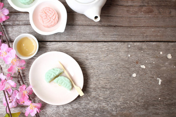 Mochi japanese dessert with hot tea
