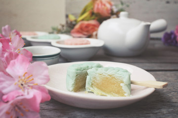 Mochi japanese dessert with hot tea