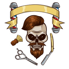 Set of vector elements for men's barber shop in hipster style. Skull in hipster style. Cartoon character skull. Logo, sticker, print for men's barber shop.