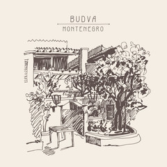 original sepia sketch drawing of Slovenska Plaza hotel street in