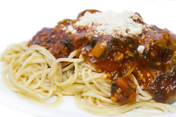 Spaghetti with vegetables and basil olives and cheese