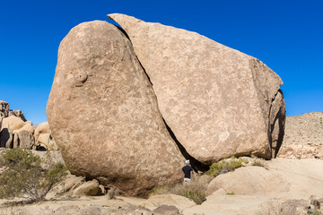 Young man viewing split rock in the Joshua Tree National Park, California