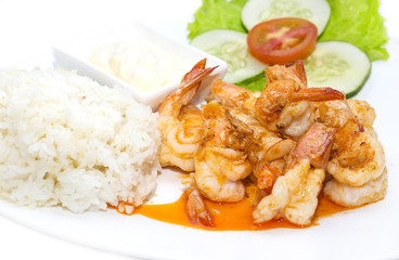prawns grilled with rice on a white background in the restaurant