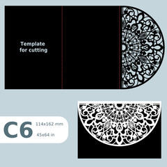 C6 paper openwork greeting card,  wedding invitation, template for cutting, lace invitation, card with fold lines, object isolated background, laser cut template, vector illustration