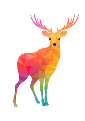 Low poly colored character of deer. Designs for xmas. Christmas colorful illustration in polygonal style. Isolated on white background.