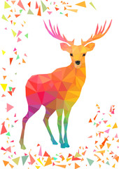 Low poly colored character of deer. Designs for xmas. Christmas colorful illustration in polygonal style. Isolated on white background.