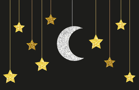 Cute glitter gold and silver moon and stars hanging on strings for your decoration