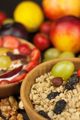Healthy breakfast with cereals and colorful fruits. Yogurt with fruit and oatmeal. Meals for successful athletes. Food for kids.
