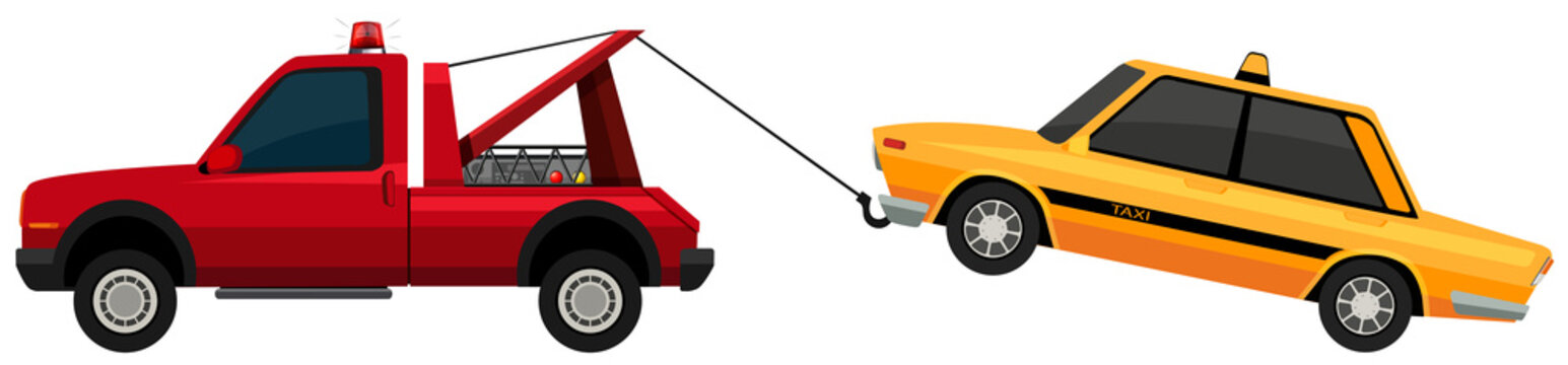 Tow truck pulling yellow taxi