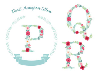 Cute vintage laurel wreath with monogram letters decorated with hand drawn rustic flowers