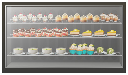 Different kinds of desserts on the shelves