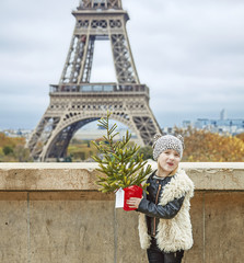 girl with Christmas tree in front of Eiffel tower in Paris