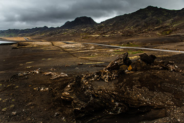 A dramatic scenery of rocks and mosses of Iceland