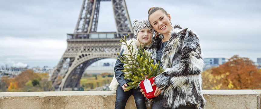mother and daughter with Christmas tree hugging in Paris