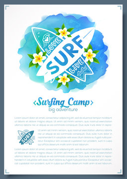 Surfing boards logo on blue watercolor imitation background, vector leaflet
