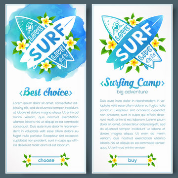 Crossing surfing boards logo in blue watercolor style background, vertical vector banners