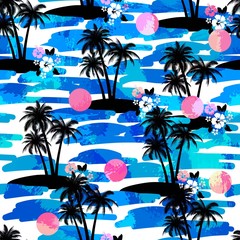Fototapeta na wymiar Hawaiian Aloha Shirt Seamless Background With Ocean, Hibiscus, Palms, iland. Summer Tropical Exotic Endless Texture.