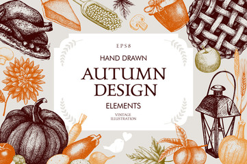 Vector frame for traditional autumn festival design. Hand drawn harvest decoration elements. Vintage card design with fall sketch for Thanksgiving day celebration